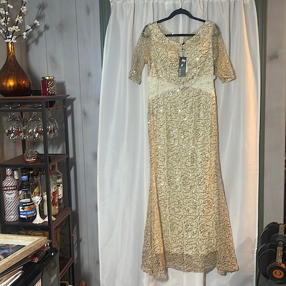 New with tags cream evening gown with champagne gold sequined overlay lace. - Picture 1 of 13